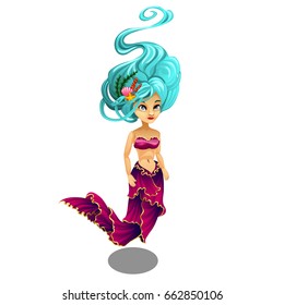 Cute mermaid with luxurious hair isolated on white background. Beautiful underwater fairytale characters with the human body and fish tail. Vector cartoon close-up illustration.