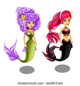 Cute mermaid with luxurious hair isolated on white background. Beautiful underwater fairytale characters with the human body and fish tail. Vector cartoon close-up illustration.