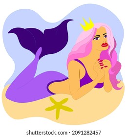 cute mermaid is lying on sand (on seabed) with pink hair and golden crown, lies starfish. mermaid with pink hair and purple tail. magical creature. Illustrations for postcards, booklets