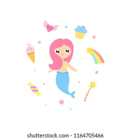 Cute mermaid and magical items vector illustration.