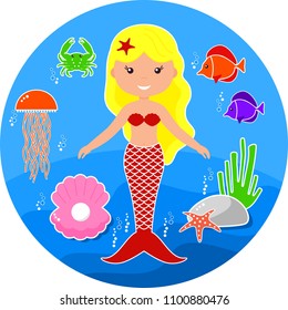 Cute mermaid and marine life. Cartoon little mermaid. Vector illustration.