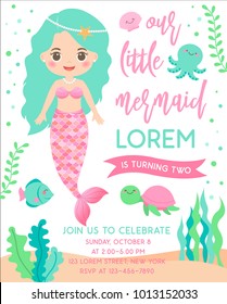 Cute Mermaid And Marine Life Illustration For Birthday Party Card Template