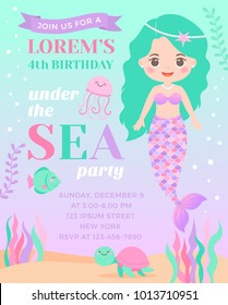 Cute mermaid and marine life illustration for birthday invitation card template