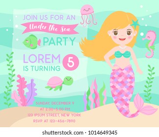 Cute mermaid and marine life illustration for party invitation card template