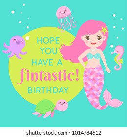 Cute mermaid and marine life illustration for card design template