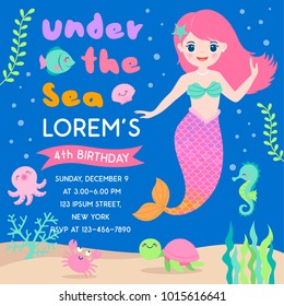 Cute mermaid and marine life illustration for party invitation card template