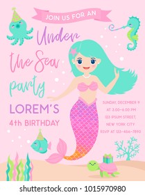 Cute mermaid and marine life illustration for party invitation card template