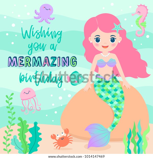 Cute Mermaid Marine Life Illustration Birthday Stock Vector (royalty 