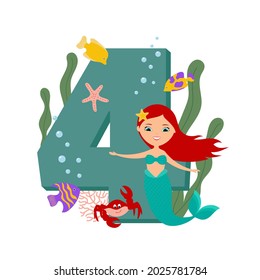 Cute mermaid and marine life. Number Four. Happy Fourth Birthday. Flat style design. Template for baby birthday, greeting card, baby party invitation sticker, banner. Isolated vector illustration