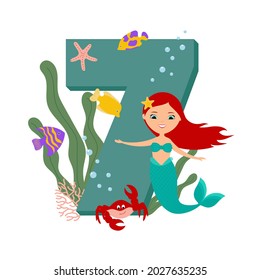Cute mermaid and marine life. Number Seven. Happy Seventh Birthday. Flat style design. Template for baby birthday, greeting card, baby party invitation sticker, banner. Isolated vector illustration