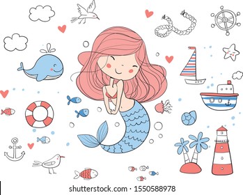 Cute mermaid. Marine set. Whale, starfish, anchor, fish, gull.