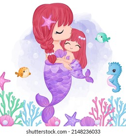 Cute mermaid mom and baby in watercolor illustration