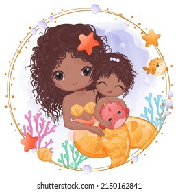 Cute mermaid mom and baby in watercolor illustration