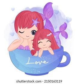 Cute mermaid mom and baby in watercolor illustration