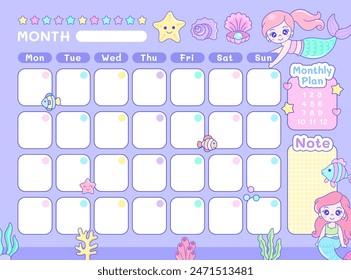 Cute mermaid monthly planner with drawn fish and shell underwater illustration
