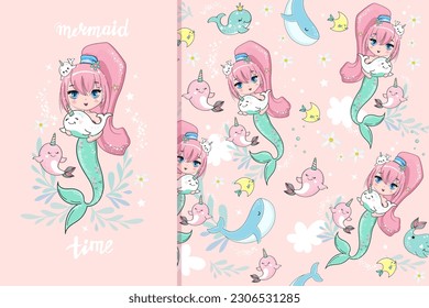 Cute mermaid with narwhal and whales on pink background seamless background Vector illustration print for t-shirts and pajamas