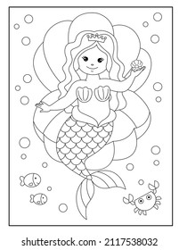 Cute mermaid with ocean background coloring page