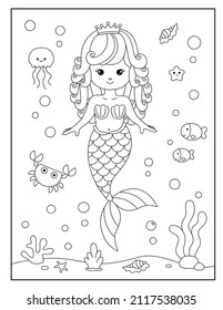 Cute mermaid with ocean background coloring page