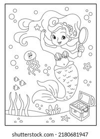 Cute mermaid with ocean background coloring page