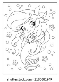 Cute mermaid with ocean background coloring page