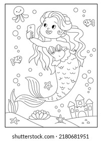 Cute mermaid with ocean background coloring page