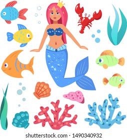 Cute mermaid and ocean elements set. Vector underwater cartoon elements isolated on a white background