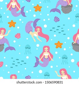 Cute mermaid in the ocean seamless pattern