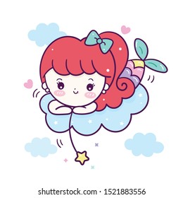 Cute mermaid on cloud with star, Kawaii girl cartoon fairytale, Nursery decoration: Illustration of doodle hand drawn on white background kid.