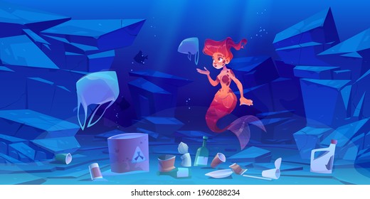 Cute mermaid on polluted ocean bottom with plastic trash and toxic waste. Underwater cartoon character pretty girl with red hair and fish tail swim in dirty sea water with garbage, Vector illustration