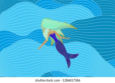 Cute mermaid on waves background