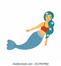Cute mermaid on white background. Doodle illustration on marine theme. Sticker for girl. Print on clothes.