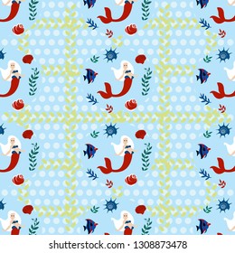 cute mermaid pattern with blue background