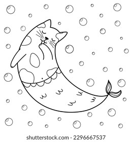 Cute mermaid cat licking its paw coloring page. Feline character underwater print in cartoon style. Line art print for coloring book and cards. Vector illustration