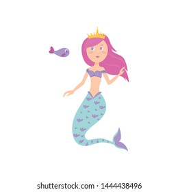 Cute mermaid with pink hair color and gold crown