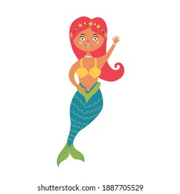 Cute mermaid with pink hair greets. Fairy sea creature girl with a tail. Vector flat character