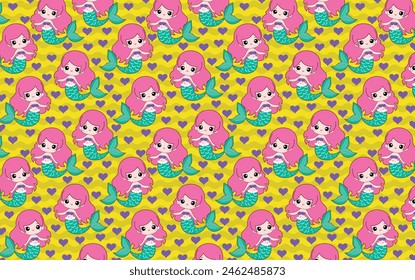 cute mermaid with pink hair, pattern for backgrounds, children's and prints, teenager and children