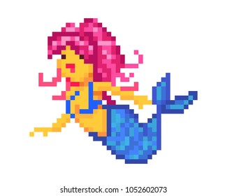 Cute mermaid with pink hair, pixel art character isolated on white background. Water nymph, cartoon girl. Fantastic creature.Old school 8 bit slot machine pictogram. Retro 80s; 90s video game graphics