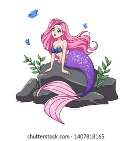 ピンクの髪と紫の尾を石の上に乗せたかわいい人魚のひいさま 手描きのアニメイラスト 白い背景に Tシャツデザイン モバイルゲーム 子ども用の本 タトゥー カード用のテンプレート のベクター画像素材 ロイヤリティフリー