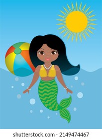 Cute mermaid playing with ball in the sea a sunny day. Vector illustration.