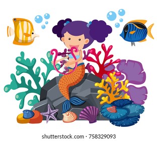 Cute mermaid playing harp with fish underwater illustration