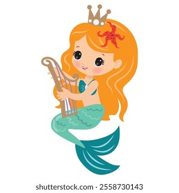 Cute mermaid mermaid playing the harp.
Sea princess vector cartoon illustration