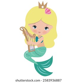 Cute mermaid mermaid playing the harp.
Sea princess vector cartoon illustration