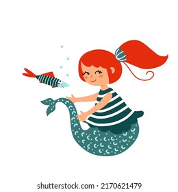 Cute mermaid playing with her tail. Funny sea girl and her friend - little fish. Happy cartoon siren, hand drawn vector illustration for kids, isolated on white. Flat design. 