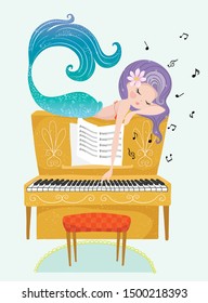 Cute mermaid playing piano vector illustration.