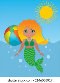 Cute mermaid playing in water a sunny day. Vector illustration.