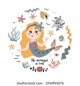 Cute mermaid portrait. Perfect for kids bedroom, nursery decoration, posters and wall decorations