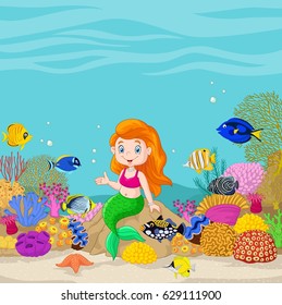 Cute mermaid presenting in the underwater background
