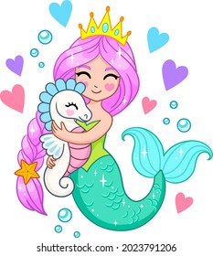 Cute mermaid princess with braided hair hugging a seahorse. Fantasy vector illustration isolated on transparent