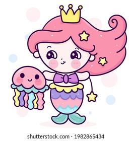 Cute Mermaid princess cartoon with colorful jelly fish vector kawaii animal friendship. Series fairytale Beautiful character (Girly girl). Hand drawing Illustration for kids fashion artworks,children.