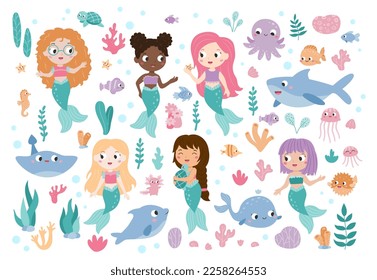 Cute mermaid princess with colorful hair isolated on white background. Sea collection. Ocean and sea animals. Funny cartoon fish, shark, dolphin and octopus. Hand drawn corals and seaweeds. Vector set